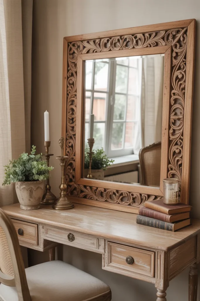 Design a glamorous vanity space featuring a sparkling crystal chandelier suspended above a dark wood vanity table. The chandelier's light casts soft, elegant shadows across the room, creating a sophisticated ambiance. The color scheme includes rich jewel tones, such as emerald green and deep burgundy, paired with soft neutrals. Decorate with luxurious elements like a velvet chair, metallic trays, and a vase of fresh flowers. The layout should focus on the chandelier’s brilliance while maintaining a balanced and inviting atmosphere with textured decor pieces.