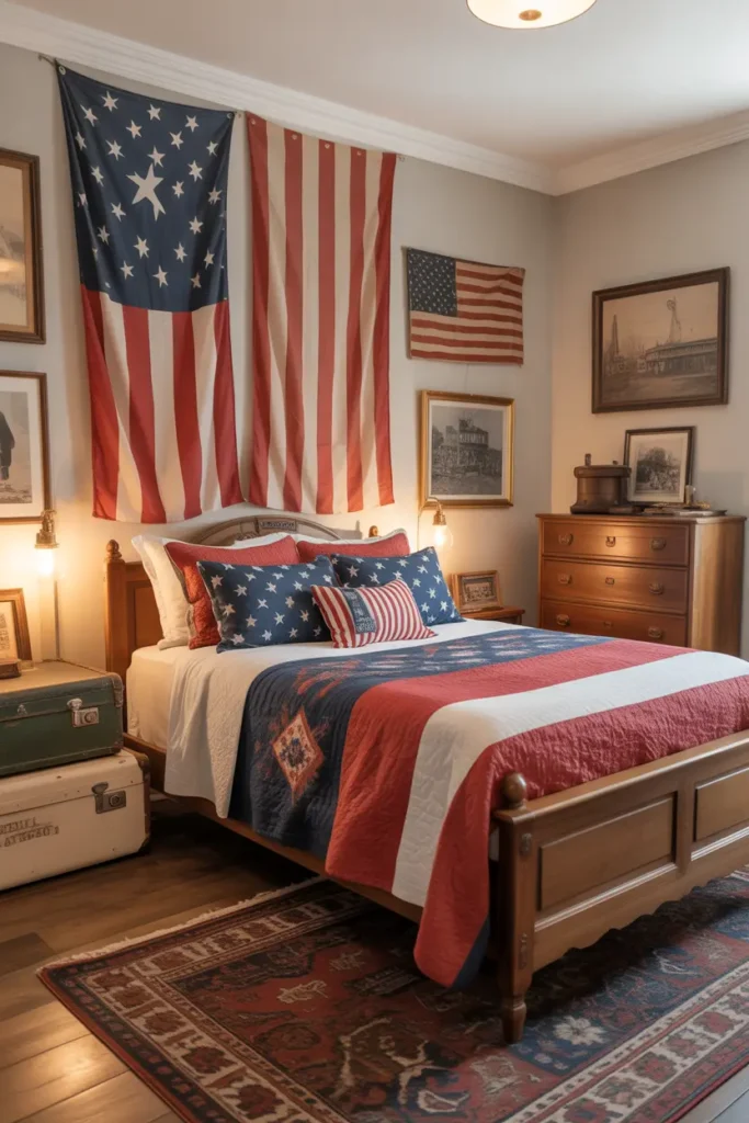 Create a classic Americana-inspired bedroom with a vintage twist. The room features a traditional wooden bed frame with red, white, and blue bedding. The walls are adorned with vintage flags and old-fashioned Americana artwork. Add a classic wooden dresser, a vintage suitcase as a nightstand, and a patterned wool rug. The lighting is warm and inviting, enhancing the vintage appeal of the room. Capture this from an eye-level angle to highlight the vintage decor and warm, nostalgic atmosphere.