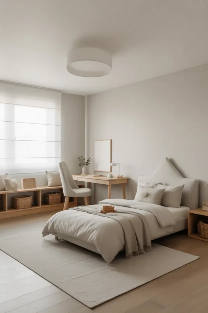  Create a clean, Scandinavian-inspired young boy’s bedroom with a focus on minimalism. The room features a neutral color palette with shades of white, light gray, and natural wood tones. A low-profile bed with a soft, monochrome bedding set is the centerpiece. Add a cozy armchair in a corner, a simple wooden desk, and woven baskets for storage. Soft, diffused natural light floods the space, creating a calm, airy feel. Include a few subtle decor pieces like plants, books, and soft throws. Capture the room from an eye-level shot to highlight the serene, uncluttered design.