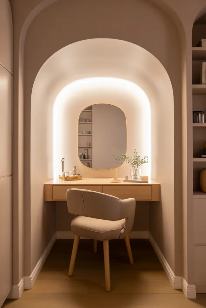 Create a cozy and intimate vanity nook within a small corner of the room. The vanity table is compact but stylish, with a comfortable upholstered chair that fits snugly beneath it. Soft, diffused lighting creates a warm, inviting glow, with a light wood vanity table and a small round mirror. The space features a neutral color palette, including soft whites, light wood tones, and gentle pastels. Add a few decorative elements like small plants, a scented candle, and a decorative tray to complete the cozy look. The layout should highlight the efficiency and charm of a petite vanity nook.