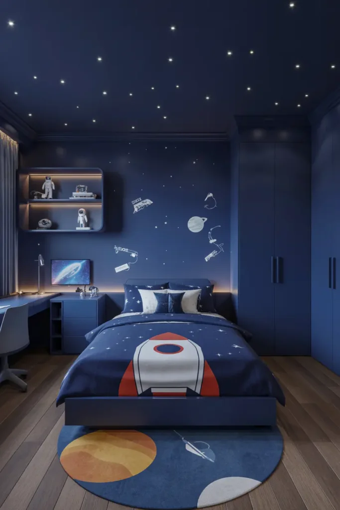  Create a dynamic and adventurous young boy's bedroom with a space-themed design. The room features deep navy blue walls with glow-in-the-dark stars scattered across. Use ambient lighting to create a starry-night effect, and add a modern bed with a space rocket bedspread. The room includes futuristic furnishings such as a sleek desk and floating shelves with astronaut figurines. Incorporate space-themed wall decals, a planet-inspired rug, and soft lighting to create a cozy yet adventurous feel. Capture the setup from a close-up shot to highlight the details of the starry decor.