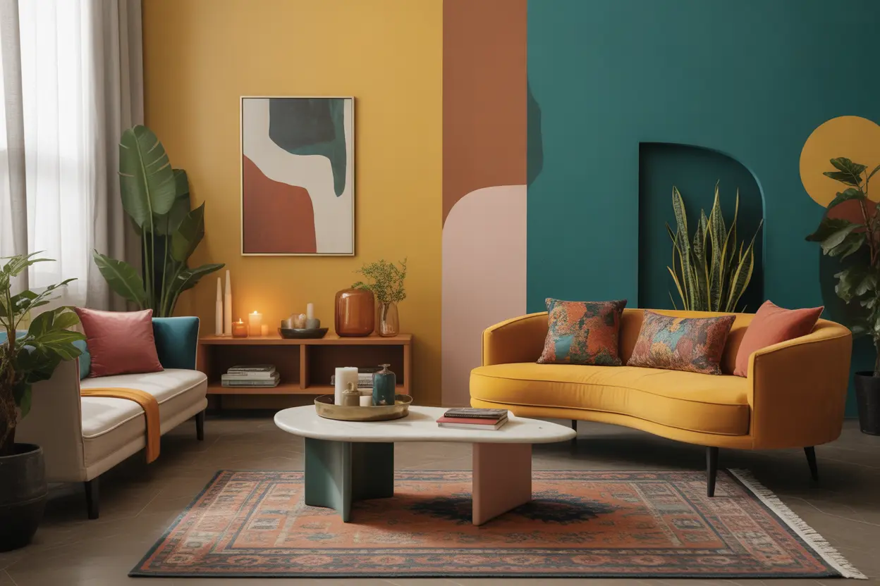 Funky living room with bold colours, layered textures, curved sofa, abstract wall art, and stylish eclectic decor.