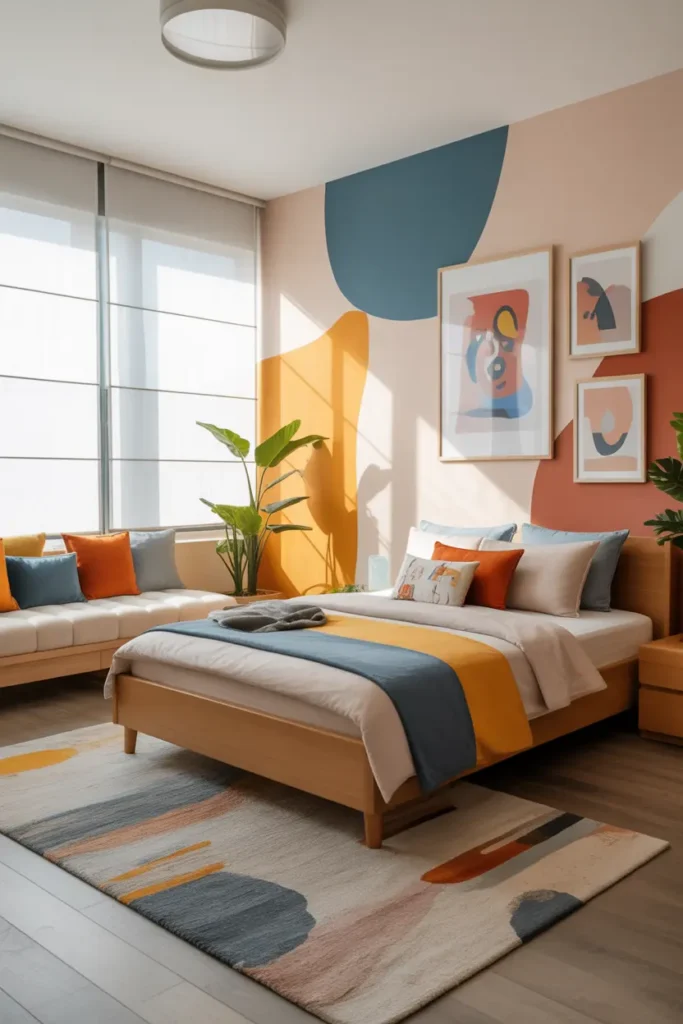 Create a modern and vibrant young boys' bedroom featuring a bold and playful art wall. Incorporate minimalist design elements with a soft, diffused light streaming through large windows. Use a pastel color palette with pops of blue, orange, and yellow. The room features a wooden bed frame, a cozy sofa, and framed prints of abstract artwork on the wall. Add soft linen throw pillows, a textured area rug, and indoor plants for a touch of greenery. The mood should feel energized and inspiring, with an inviting atmosphere that encourages creativity and play. Capture the room from a wide-angle, showcasing the entire setup.