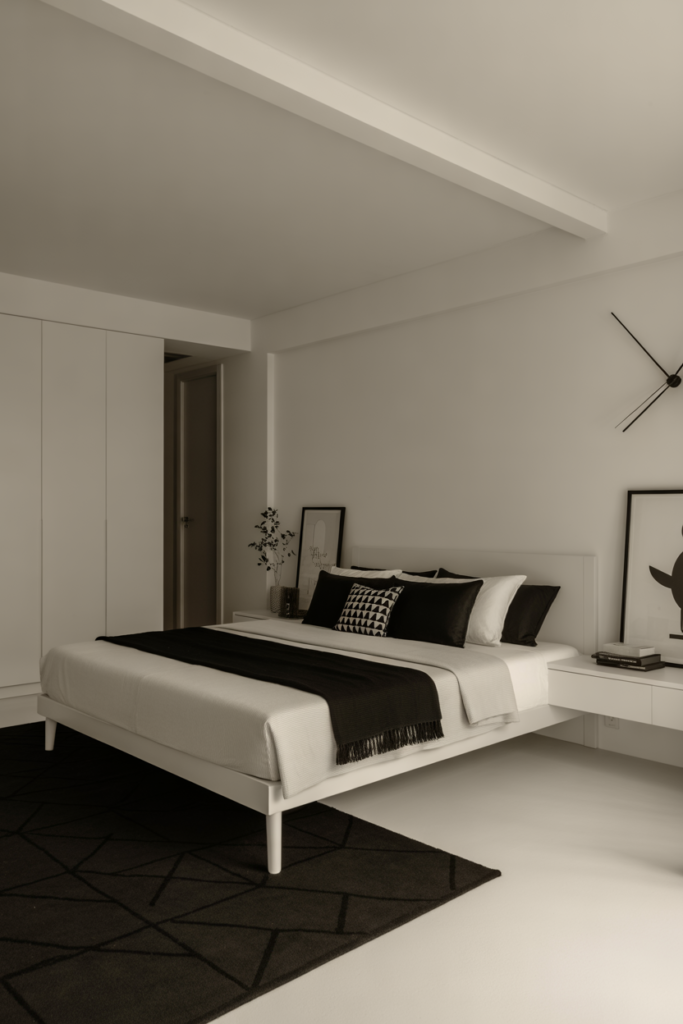 Create a monochrome minimalist bedroom that focuses on clean lines, a neutral color palette, and high-contrast decor. The room features a black-and-white color scheme with a sleek, low-profile bed and matching furniture. Add a few statement pieces like a black geometric rug and a minimalist wall clock. Soft, ambient lighting helps create a calm, peaceful atmosphere. The space is uncluttered, with just a few decorative accents like plants and simple art prints. Capture the room from an eye-level angle to highlight the clean, balanced design.