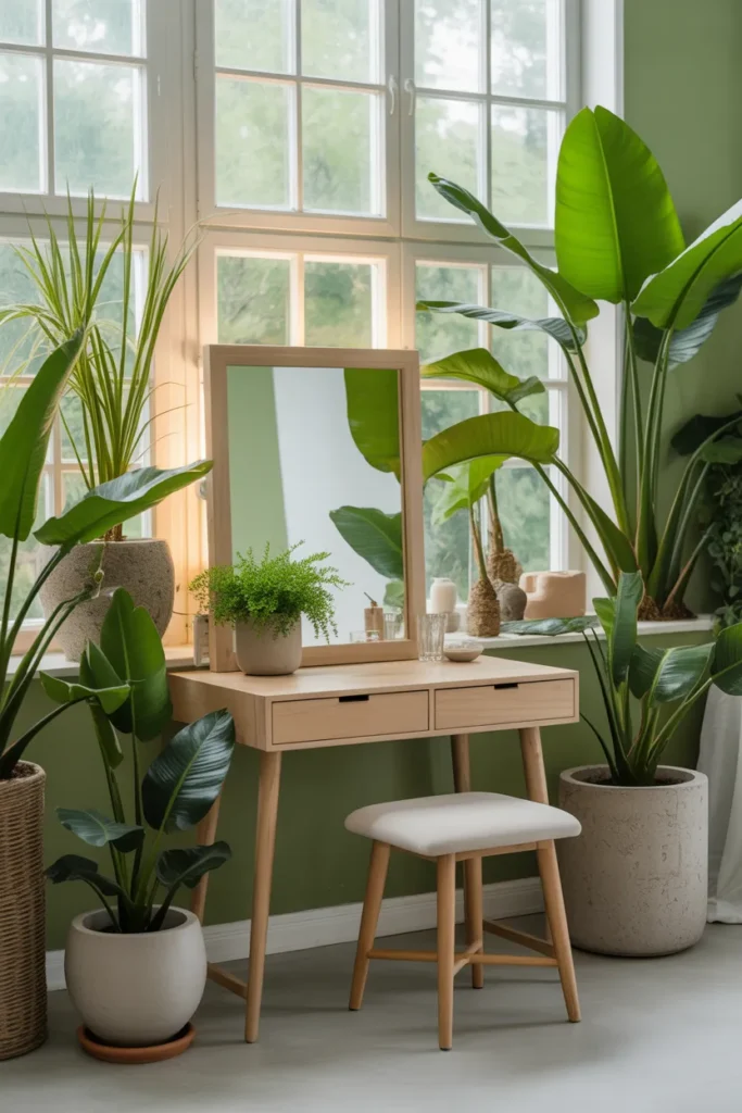 Vanity area with lush green plants in ceramic pots