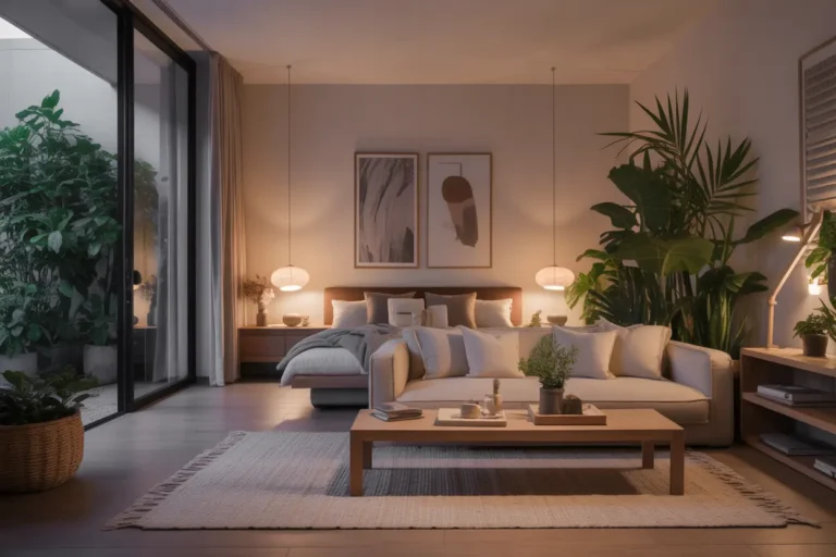 Living room and bedroom combo with neutral tones and cozy, functional design