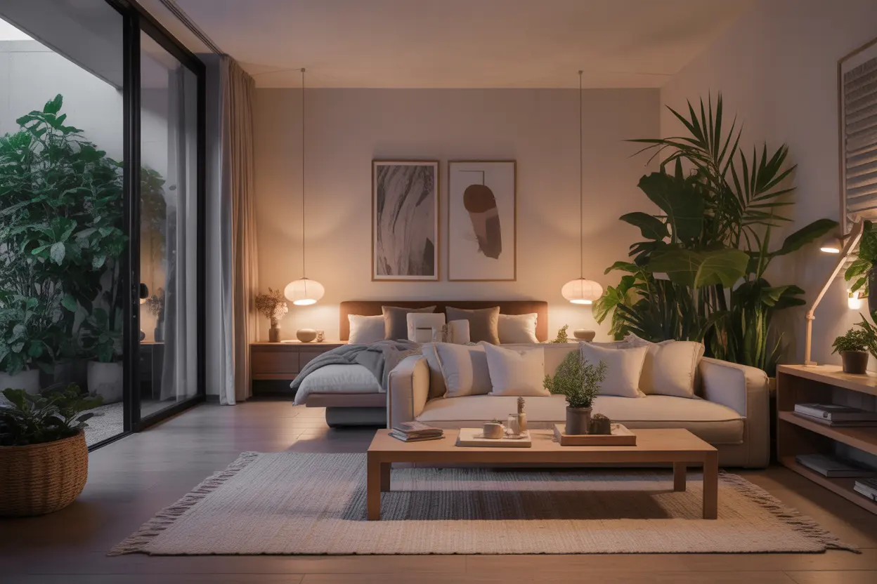 Living room and bedroom combo with neutral tones and cozy, functional design