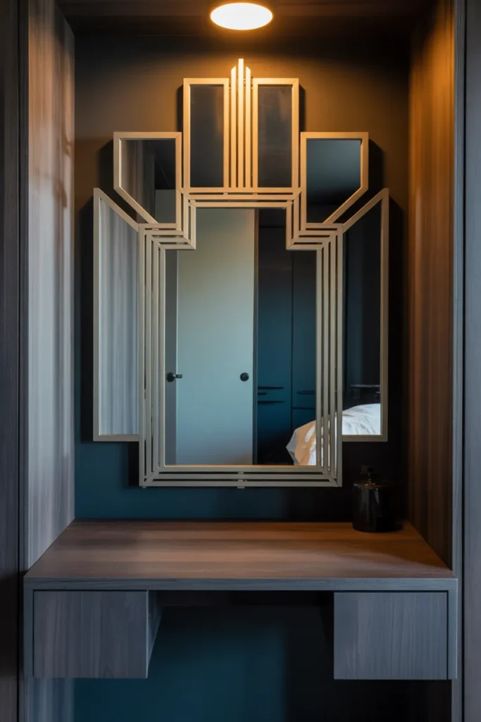 Create a vanity area featuring an Art Deco-inspired mirror with geometric shapes and bold metallic detailing in gold or silver. The mirror is the focal point above a sleek, dark wood vanity table with a minimalistic design. The color scheme includes bold contrasts, with dark tones like deep blues and rich blacks paired with metallic gold accents. Soft, ambient lighting from a pendant light creates a sophisticated, warm glow. The layout should emphasize the bold design of the mirror and its impact on the overall aesthetic.