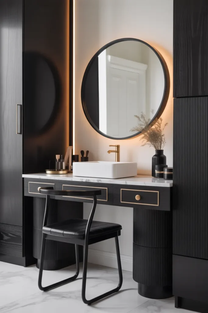Create a vanity area with a high contrast design, featuring black furniture paired with white accents. The vanity table is sleek and modern, with a dark wood or black lacquered finish. A bold white marble countertop contrasts with the dark table, while a round black-framed mirror hangs above. The color palette includes black, white, and touches of gold for an added luxurious feel. Soft ambient lighting highlights the contrast between the two colors, enhancing the sharp, elegant look. The layout should emphasize the striking contrast between the furniture and the accents.