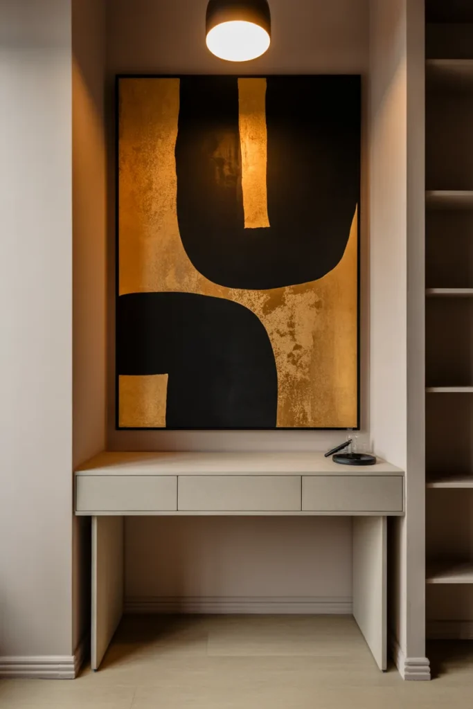 Create a vanity area with a striking piece of bold wall art hanging above the vanity table. The art features abstract shapes in bold, contrasting colors like black and gold, set against a neutral-colored wall. The vanity itself is minimalist with clean lines, made from light wood or marble. Soft lighting from a pendant light casts a warm glow on the space, creating a contrast between the art and the subtle furniture. The layout should highlight the bold art, framing it as the focal point of the room.