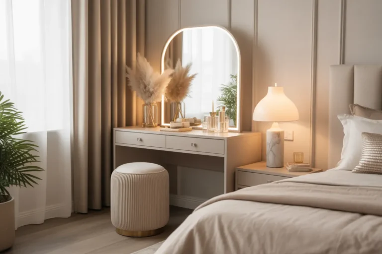 Elegant and stylish small vanity bedroom setup featuring a chic vanity table, soft lighting, and cozy decor elements, perfect for a luxurious feel in a compact space.