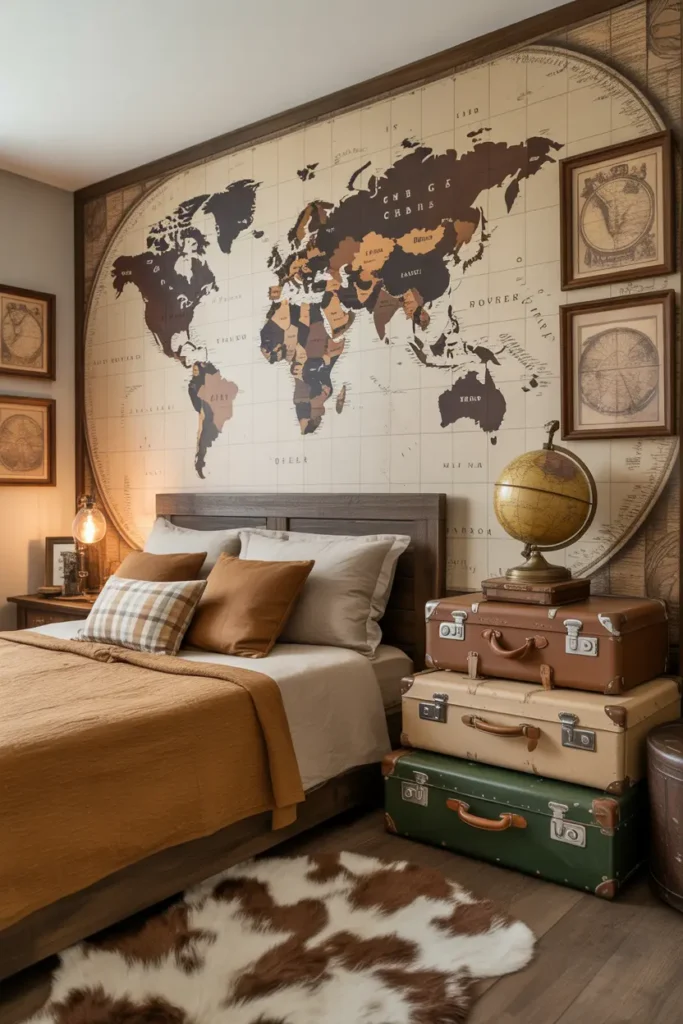  Create a young boy’s bedroom with an adventure map wall as the focal point. The room features a large world map mural or framed maps on the wall, accompanied by vintage-style maps and travel-inspired decor. The room has a rustic, travel-inspired bed with earthy-toned bedding, and a collection of antique-style suitcases stacked as a nightstand. Include a few globes, compass decor, and soft lighting for a warm, adventurous feel. Capture this from a wide shot to show the full map wall and how it enhances the travel-inspired ambiance.