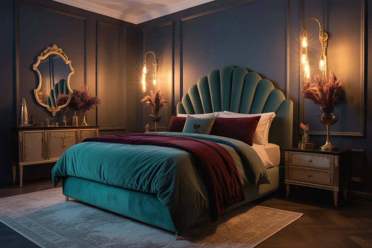 Dark romantic bedroom ideas with velvet accents, vintage touches, and ambient lighting creating an elegant and intimate atmosphere.