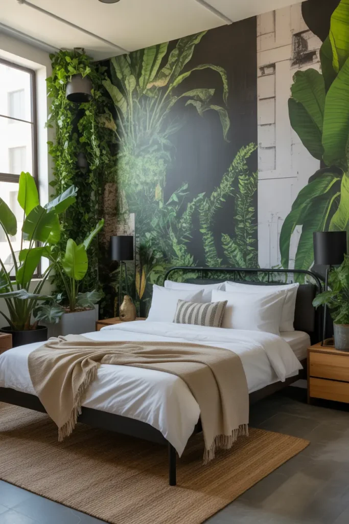  Create an urban jungle-inspired bedroom with a mix of natural greenery and urban design. The room features floor-to-ceiling plants, including large leafy plants in modern pots, contrasted by a sleek black metal bed frame with minimalist white bedding. The walls are adorned with industrial-style art pieces, and the floor is covered by a jute rug for texture. Use natural light to fill the room, enhancing the vibrant greenery and neutral-colored furniture. Capture this from a close-up angle to highlight the bold contrast between nature and modern urban elements.