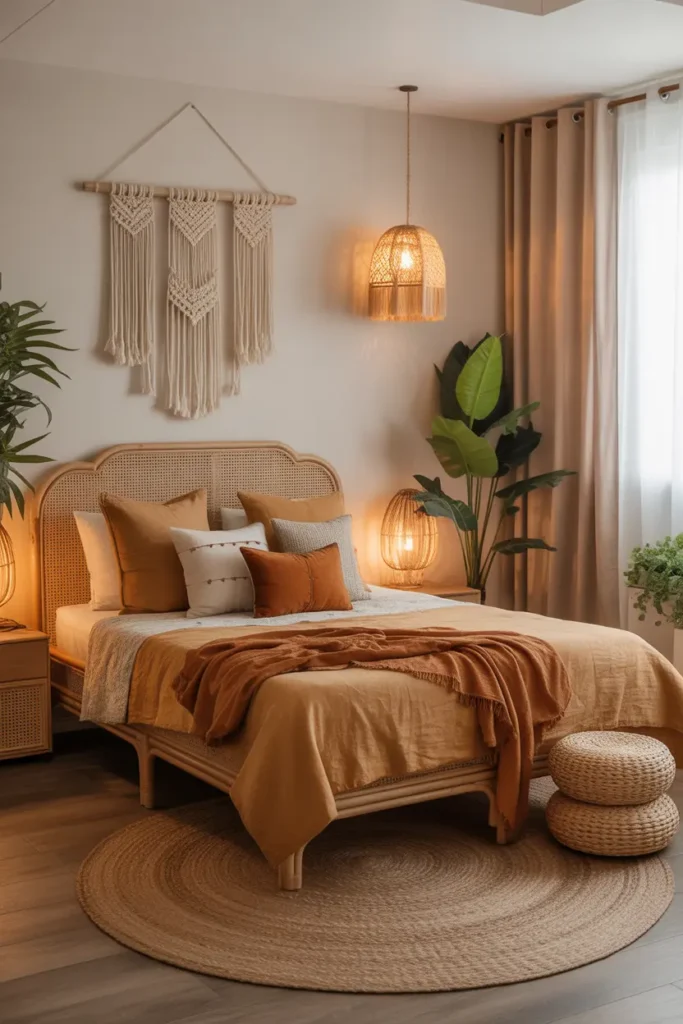 Design a bohemian-inspired bedroom for a young boy, featuring a mix of rich textures and earthy tones. The room includes a rattan bed frame with a cozy boho duvet and throw pillows in a variety of muted tones. Incorporate a macramé wall hanging, a woven jute rug, and plenty of plants to enhance the boho vibe. Use soft, warm ambient lighting to create a relaxed, dreamy atmosphere. Capture this from an eye-level angle to emphasize the layered textures and inviting layout.