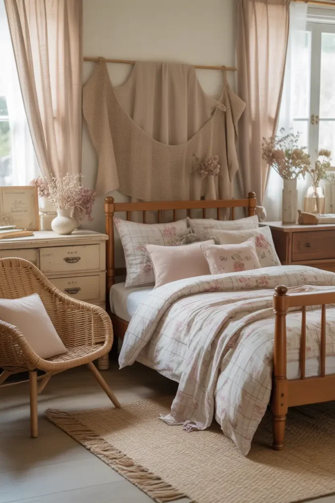 Design a cozy, cottagecore-inspired bedroom for a young boy, incorporating soft, rustic details. The room features a wood-frame bed with floral or plaid bedding in soft pastel hues. Add a vintage wooden dresser, a patchwork quilt, and a woven wicker chair. The room is filled with natural light, with light curtains gently swaying in the breeze. Use delicate decor like antique books, dried flowers in vases, and a few handmade throw pillows. Capture the space from a wide-angle shot to showcase the inviting, rustic charm of the setup.