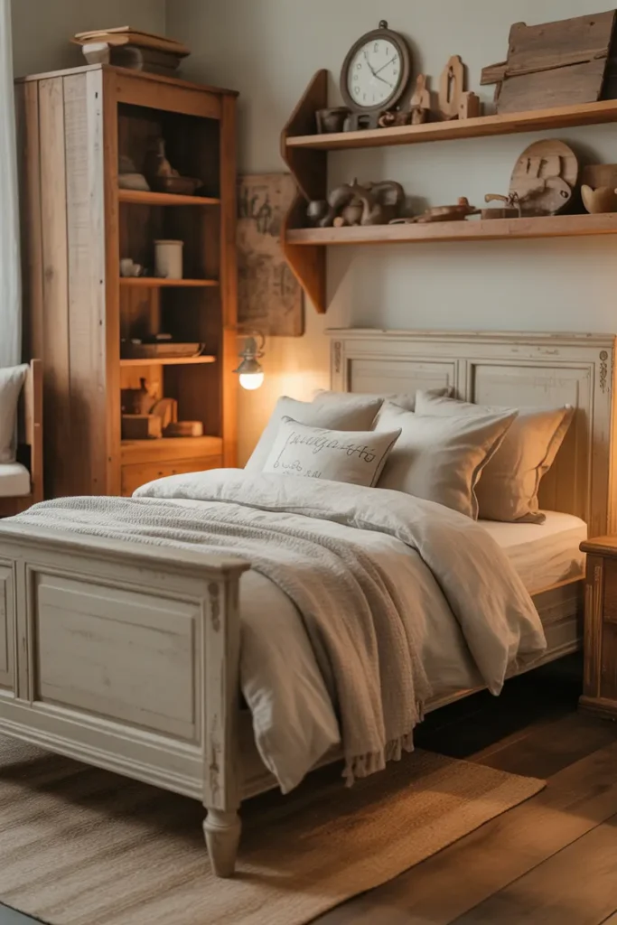  Design a cozy rustic farmhouse-inspired bedroom for a young boy. The room features reclaimed wooden furniture with a vintage-style bed frame and a soft, linen bedding set. The color palette focuses on neutral tones, including warm beige, soft gray, and rich wood tones. Incorporate antique-style accessories such as an old-fashioned clock, a woven rug, and a collection of rustic toys displayed on open shelves. The space is illuminated with warm, ambient light, creating a welcoming, homey atmosphere. Capture the scene from a close-up shot to emphasize the warm textures and vintage decor.