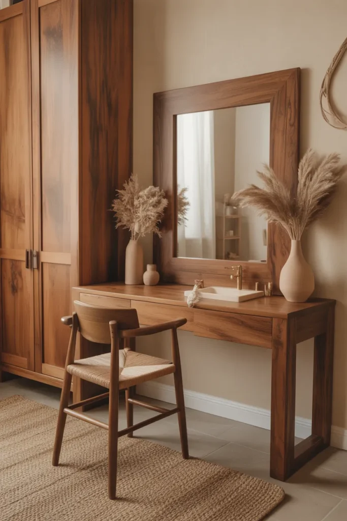 Design a cozy vanity area with warm wood accents, including a wooden vanity table and mirror frame. The wood finish is rich and natural, bringing a rustic yet refined look to the room. The color palette features warm wood tones, soft beige, and cream for a welcoming atmosphere. Soft, natural light filters through the space, highlighting the wooden textures. Simple decor pieces like a ceramic vase and a woven rug add to the warmth. The layout should focus on the natural beauty of the wood, creating a calm and grounded environment.