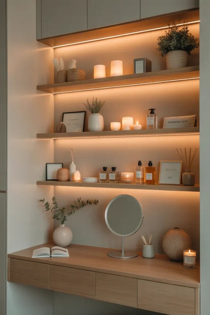 Create a vanity setup with industrial-style elements such as a metal-framed mirror and a raw wood vanity table. The space is lit with soft, warm ambient lighting and features an exposed brick wall in the background for added texture. The color palette includes muted grays, blacks, and warm wood tones, creating a modern yet rustic vibe. Accessories like a metal tray, a few candles, and a vintage clock complete the look. The layout should emphasize the raw, unfinished textures while maintaining a balanced, visually appealing space.