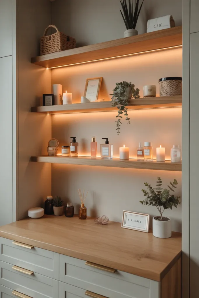Design a functional vanity area with open shelving above or beside the vanity table. The shelves are made of natural wood and hold neatly arranged items such as perfumes, skincare products, and decorative items like candles and small plants. Soft ambient lighting illuminates the shelves, giving the space a warm, welcoming glow. The color palette features neutral tones like beige, soft grays, and muted wood tones. The layout should emphasize the organized and practical use of open shelves, with an eye-level view of the space.