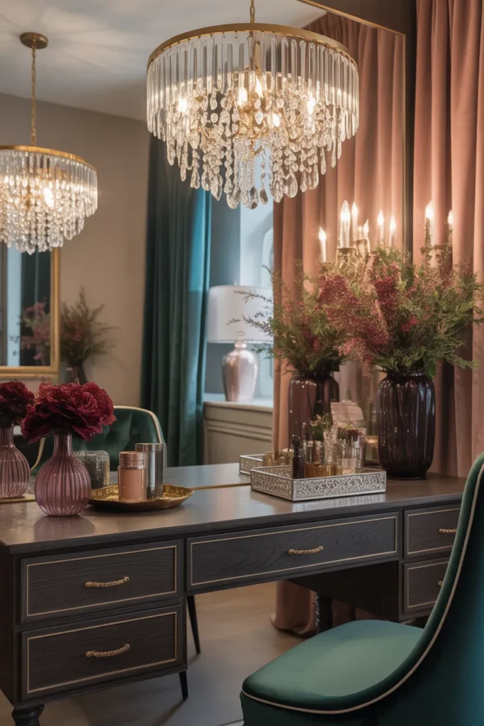 Create a luxurious vanity space with a leather-upholstered vanity chair and matching ottoman. The leather’s rich texture contrasts beautifully with a sleek, modern glass vanity table. Soft, diffused natural light spills into the room, highlighting the warm tones of the leather and the cool clarity of the glass. The room features a minimalist color palette of muted browns, tans, and soft whites, with a few decorative elements like a tray with perfume bottles and a simple plant. The setup should feel sophisticated yet comfortable, showcasing the elegance of the leather.