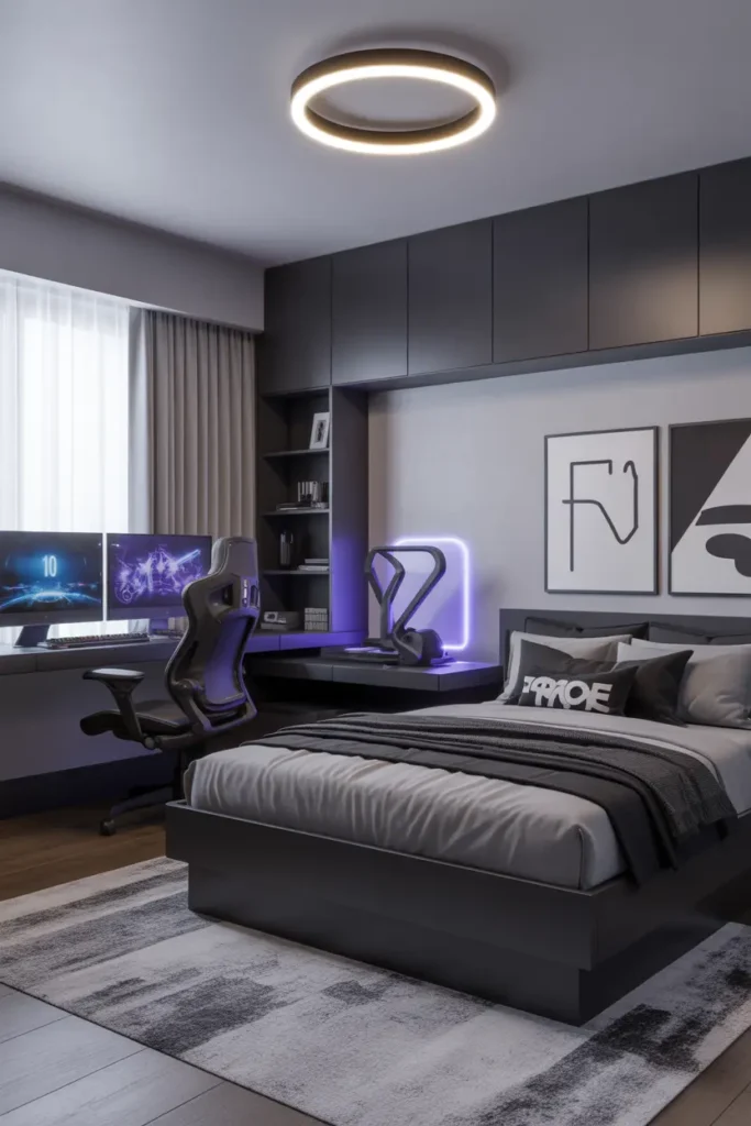  Design a modern, tech-inspired bedroom for a young boy with sleek, high-tech furnishings and a futuristic vibe. The room features a black platform bed with a minimalist design, accompanied by an LED-lit desk setup with a high-tech gaming monitor and ergonomic chair. Incorporate a smart lighting system that can change colors based on mood, and add tech-inspired wall art. The room has a monochrome color palette, with pops of neon for visual interest. Capture this from a close-up angle to highlight the tech gadgets and modern, clean lines.