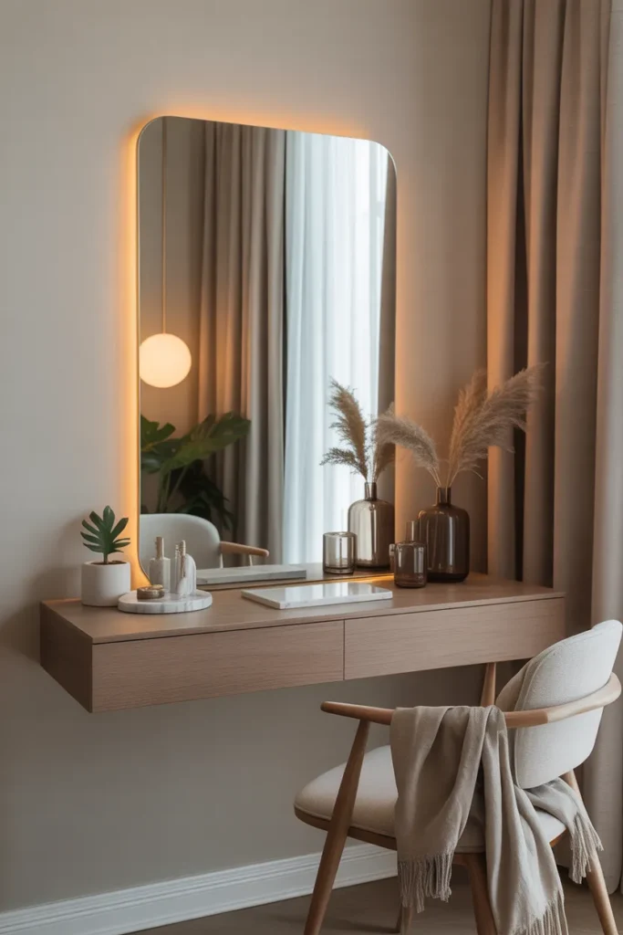 Set up a statement vanity with a large, ornate gold-framed mirror hanging above a sleek vanity table. The vanity is made from a rich, dark wood with brass accents, creating a contrast with the warm gold mirror. Natural light flows through large windows, casting a soft glow on the space. Add a velvet chair and small decorative items like candles, a vase, and a luxurious marble tray. The layout should focus on the golden mirror, creating a dramatic, eye-catching effect while maintaining balance with the surrounding decor