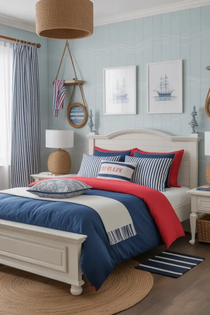 Design a nautical-themed bedroom with soft seaside vibes. The room features light blue walls with subtle wave patterns and nautical-themed wall art. Use a white wooden bed frame with navy blue and red bedding for a classic nautical look. Add striped curtains and a rope accent lamp to enhance the maritime feel. The room includes a jute rug, beach-inspired wall hangings, and a few ship models. The overall atmosphere should feel breezy and refreshing, like a seaside escape. Capture the room from a wide-angle to showcase the coastal charm.