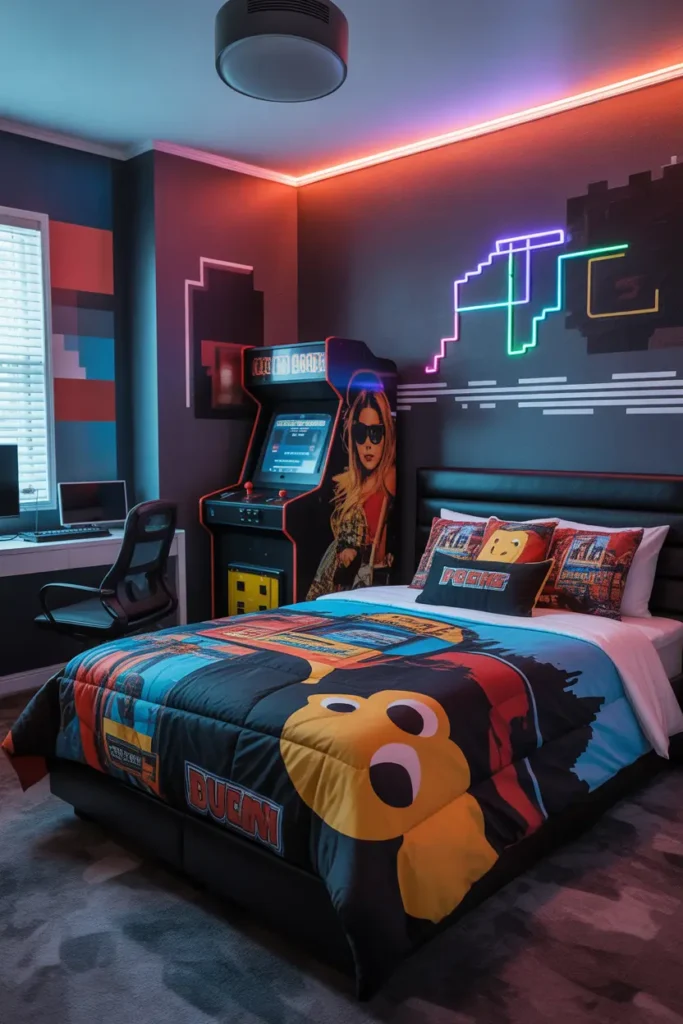 Design a retro gaming-inspired bedroom with vintage arcade vibes. The room features a classic arcade machine or retro gaming console setup, paired with pixelated wall art and colorful neon lights. The bed has a bold, graphic comforter featuring popular video game characters, and the room includes a small gaming desk with a modern gaming chair. The lighting is a combination of neon accents and LED strips, enhancing the retro gaming atmosphere. Capture the room from a close-up angle to highlight the gaming elements and neon glow.
