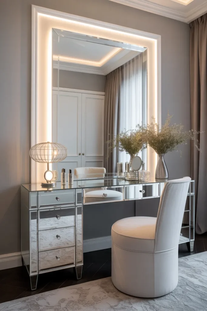 Sleek mirrored vanity table with soft lighting