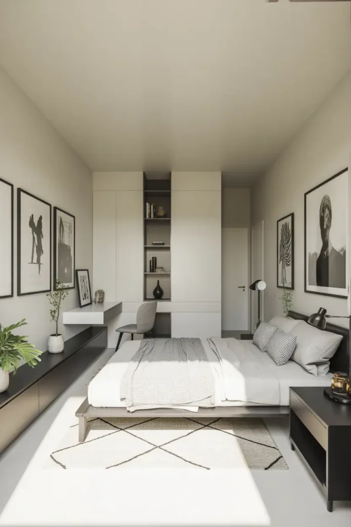  Design a sleek, modern minimalist bedroom with an emphasis on clean lines and simple decor. The room features a white and black color palette, with a modern platform bed, a geometric rug, and black-and-white artwork on the walls. Use minimalistic furniture like a floating desk and low-profile shelving to keep the space open and uncluttered. Add a touch of greenery with potted plants and a modern desk lamp for practical lighting. The room is bathed in soft, natural light, creating a fresh and airy atmosphere. Capture the room from a wide-angle to showcase the clean, spacious layout.