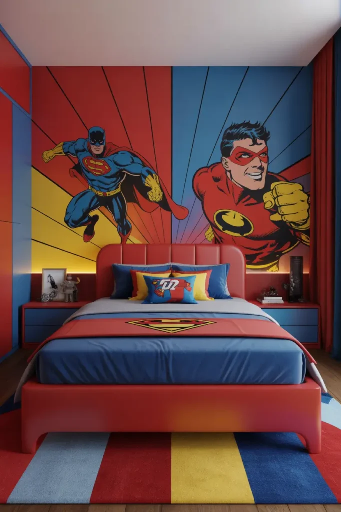  Design a superhero-themed bedroom with dynamic elements inspired by comic book heroes. The room features a bold color palette of red, blue, and yellow, with graphic wall murals of iconic superheroes in action. Use modern furniture like a sleek, low-profile bed and a wall-mounted desk. Add a superhero-inspired bedding set and themed wall art to enhance the room’s atmosphere. Incorporate soft lighting to create a vibrant, exciting environment. Capture the room from a close-up angle to highlight the playful superhero elements without overcrowding the space.