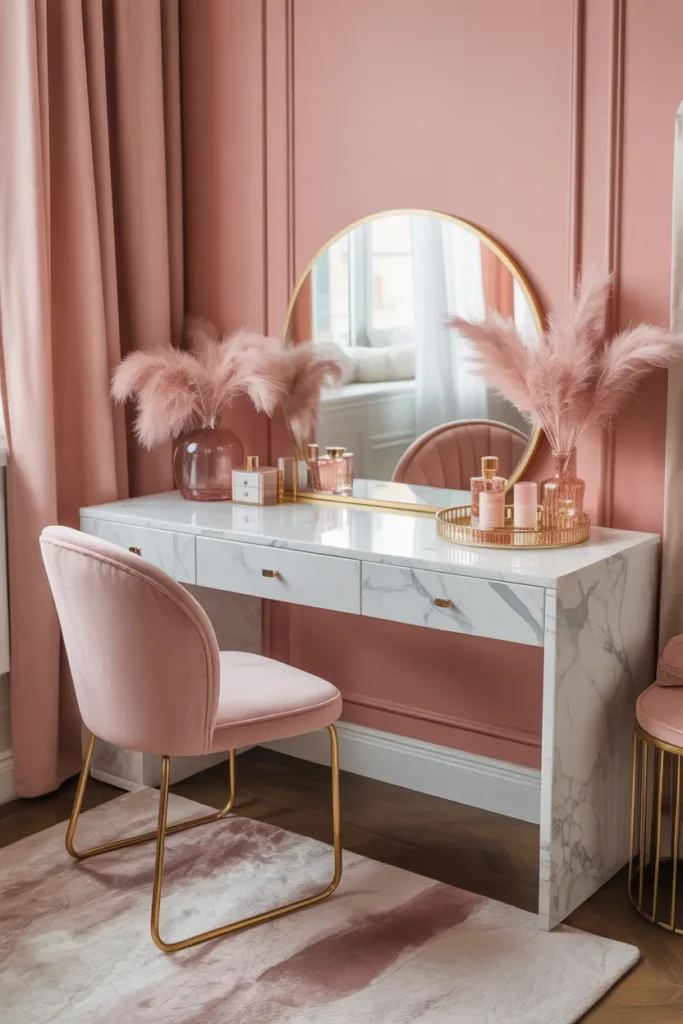 Design a sleek and modern vanity space featuring a mirrored vanity table with clean lines and reflective surfaces. Surround the table with soft, diffused lighting that creates a glowing ambiance. The room uses a neutral color palette with light grays, whites, and touches of silver for a clean, elegant look. Add a plush white chair with soft fabric upholstery to contrast with the reflective surfaces. The layout should showcase the mirror’s light-reflecting properties, emphasizing the clean, luxurious design and spacious feel of the room.