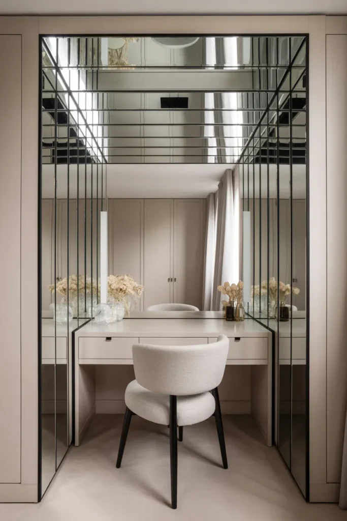Design a vanity area with mirrored wall panels surrounding the space, creating a reflective, glamorous effect. The panels are sleek and modern, fitting seamlessly into the room’s design. The vanity table is simple, with clean lines, and a plush upholstered chair adds comfort. Soft, natural light pours in, enhancing the reflective surfaces. The color palette includes neutral tones, such as whites and light grays, with touches of metallic accents. The layout should highlight the reflections from the mirrors, making the space appear larger and more luxurious.