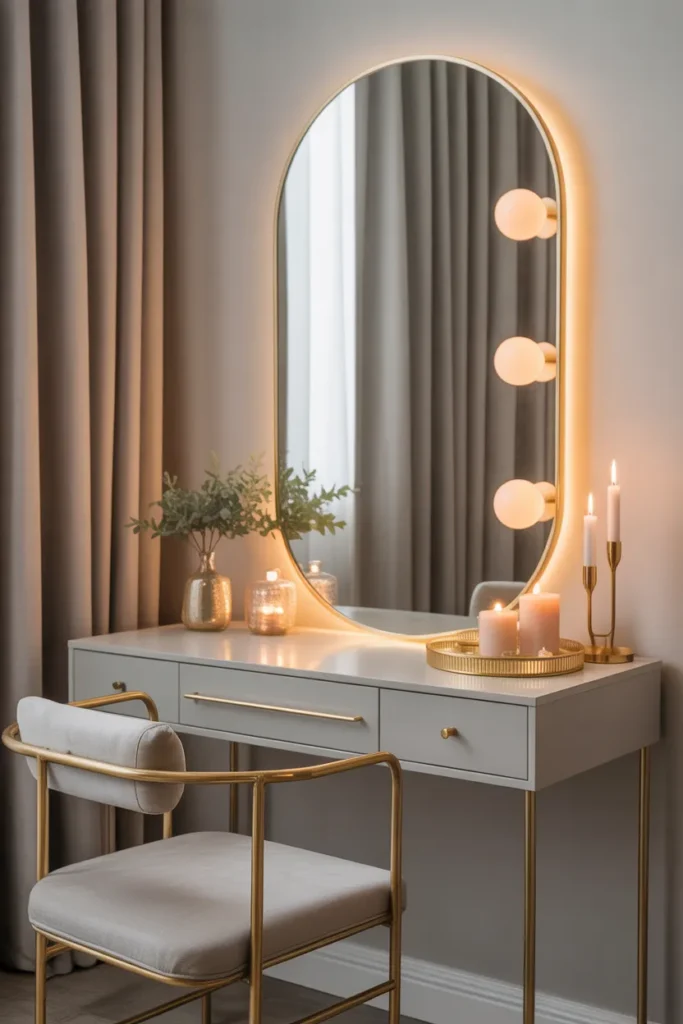 Design a vanity area with soft metallic details, such as a gold-framed mirror and brass accent furniture. The vanity table is sleek and minimalist, with subtle metallic elements adding a touch of luxury. The room uses a neutral color palette with soft grays, whites, and warm metallics like gold and brass. Soft, warm light fills the room, highlighting the gentle metallic accents. Decorative pieces like a gold tray, scented candles, and a small plant complete the look. The layout should focus on the soft glow of the metallic accents and their warm reflection in the light.