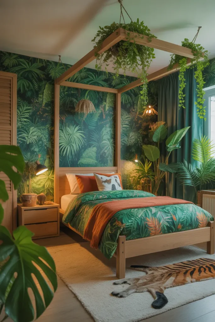 Design a vibrant, tropical jungle-themed bedroom for a young boy. The room features green leafy wallpaper with jungle patterns, paired with earthy wooden furniture and a playful canopy bed. The room is filled with lush houseplants like ferns, palms, and a hanging vine. The color palette is rich in shades of green, earthy browns, and vibrant accents of orange and yellow. Use soft, ambient lighting to enhance the tropical feel, and include a rug with animal prints. Capture the space from a wide-angle shot to showcase the full jungle vibe and cozy setup.