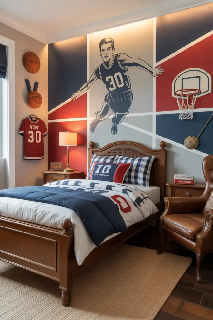 Design a vintage sports-themed bedroom for a young boy. The room features a bold, graphic wall mural of a vintage sports scene, with a focus on red, white, and blue tones. A traditional wooden bed frame with a sporty bedding set complements the room, along with a vintage-style wooden dresser and a worn leather chair. Add sports memorabilia like old jerseys, a basketball hoop wall hook, and classic sports equipment for decor. The room feels energetic yet nostalgic, with soft ambient lighting highlighting the vintage items. Capture the room from a close-up angle to emphasize the nostalgic details.