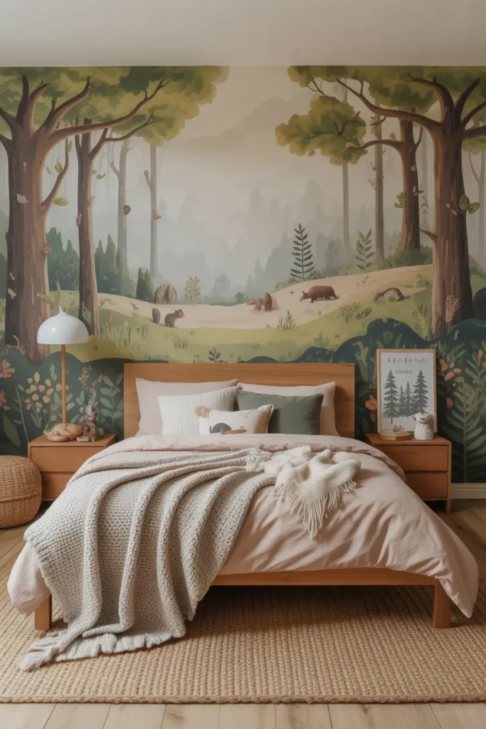  Design a whimsical woodland-themed bedroom with soft, natural colors and playful details. The room features a wallpaper mural of a forest with trees and wildlife, complemented by a wooden bed frame and soft, earthy-toned bedding. Use cozy textures like knit throws and woolen rugs, and add nature-inspired decor such as animal figurines and forest-themed artwork. The space should feel like a quiet forest retreat, with soft ambient lighting and warm tones. Capture the room from a wide-angle to showcase the full woodland escape, with plenty of natural light enhancing the forest vibe.