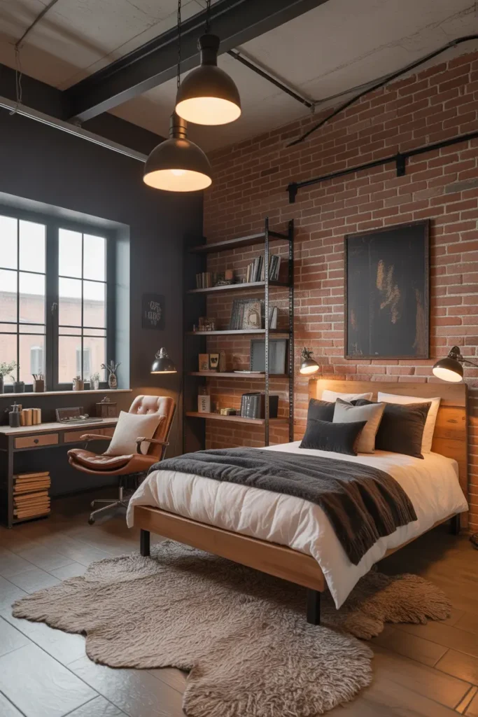 Design a young boy’s bedroom with an industrial loft vibe. Use raw materials like exposed brick, steel accents, and a warm wood bed frame. Incorporate soft lighting with a mix of hanging pendant lights and vintage-style floor lamps. The color palette should focus on neutral tones, with deep charcoal and copper highlights. Add a cozy leather chair, a reclaimed wood desk, and an industrial-style bookshelf. The room feels bold, masculine, and stylish, perfect for a young boy who enjoys a mix of modern and rustic design elements. Capture this from an eye-level angle to show the full room setup.