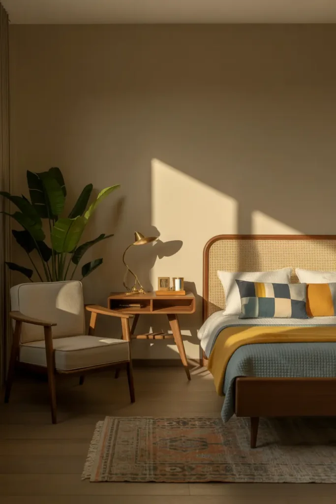 Design a young boy’s room with a mid-century modern aesthetic. The room is bathed in golden hour lighting, casting soft, warm shadows across the space. Utilize neutral tones with accents of teal, mustard, and walnut wood. The focal point includes a retro-inspired bed with a wooden frame and a small, minimalist desk. A mid-century armchair sits beside a large, leafy plant, while a vintage-style rug adds texture to the wooden floor. The mood is cozy yet chic, offering a calming atmosphere with timeless elegance. Capture the image at eye level to showcase the balance of design elements.