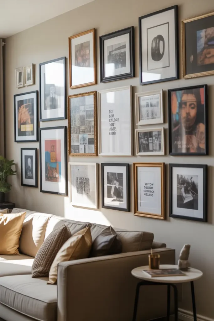  Eclectic gallery wall living room with soft natural daylight, mixed frame styles in black, gold, and wood, neutral base with pops of color in artwork, modern sofa, textured throw, small side table, layered wall art including prints, photos, and typography, creative and expressive mood, eye-level shot focusing on wall composition and balanced spacing.