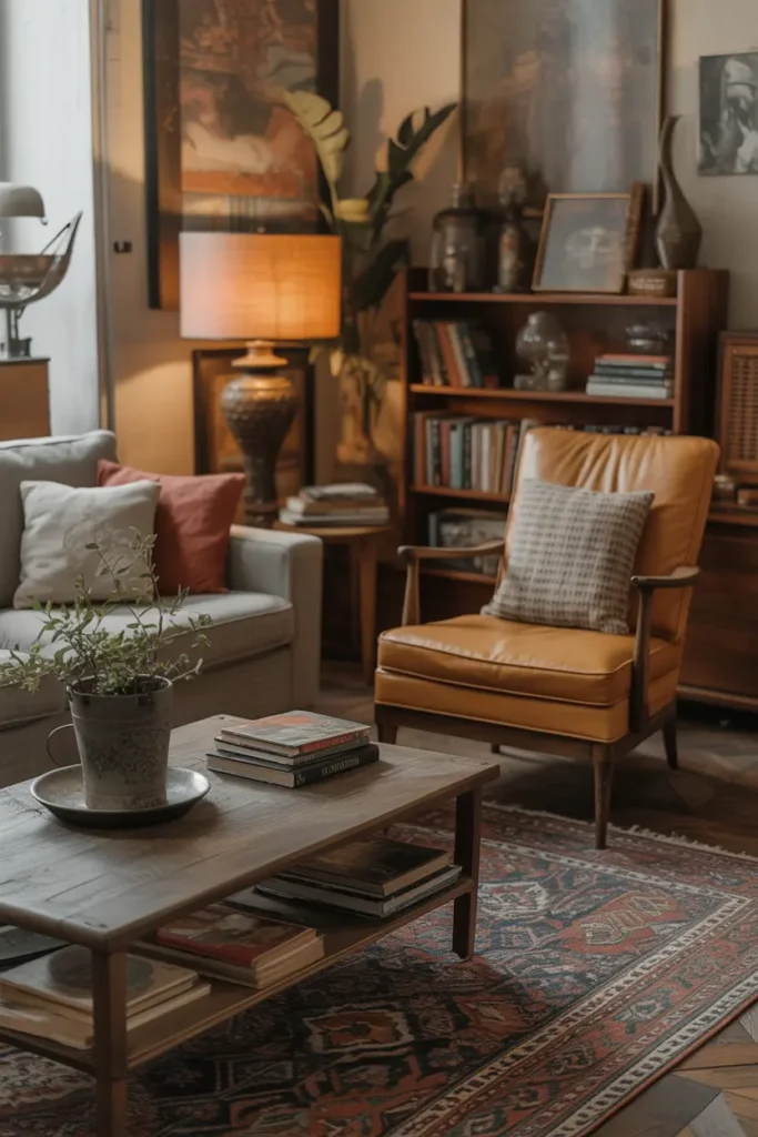  Eclectic vintage-style living room with thrifted furniture, warm ambient lighting, earthy and muted tones, mix of old wooden coffee table, retro armchair, patterned rug, stacked books, antique decor accents, layered textures, cozy nostalgic atmosphere, eye-level wide shot capturing collected-over-time look with rich depth and character.