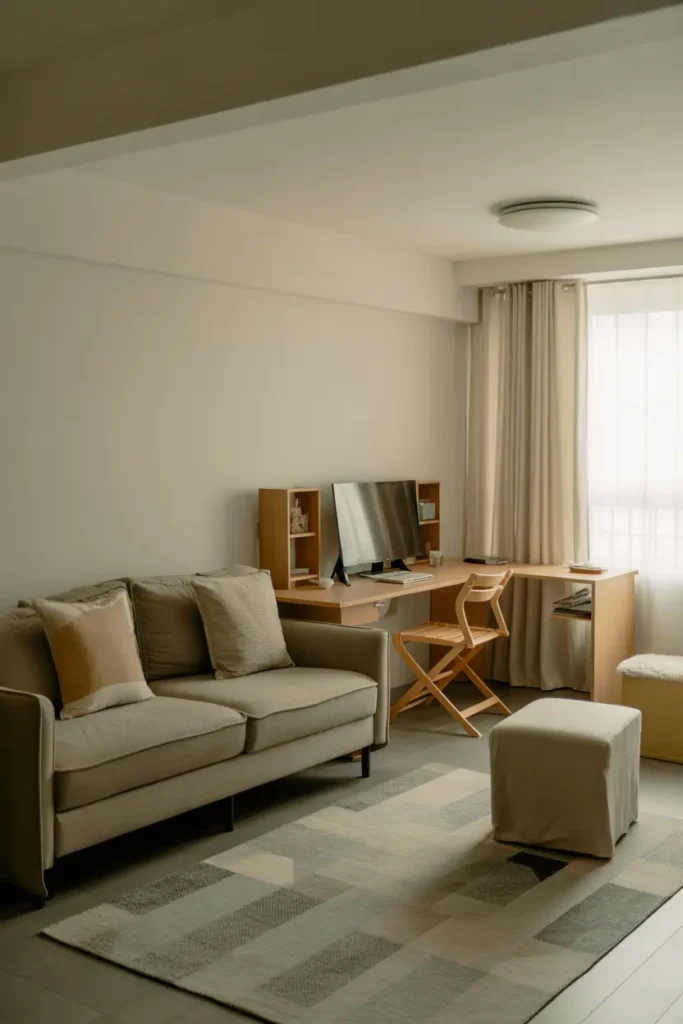  Functional modern living room with multi-purpose layout, soft natural lighting, neutral tones, compact sofa, foldable desk, storage ottoman, layered rugs, clean and organized setup, practical yet stylish atmosphere, wide-angle shot showing smart zoning of space, balanced layout, and efficient use of limited apartment area.