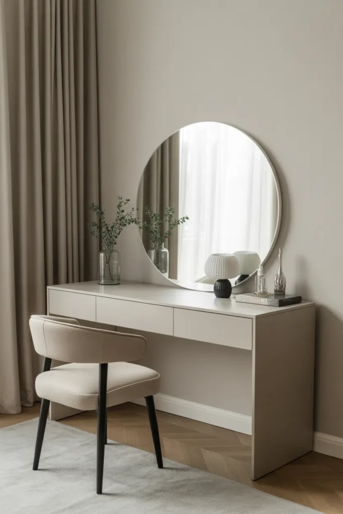 Set up a soft, airy vanity area with sheer linen curtains that allow natural light to flow through the space. The vanity is surrounded by neutral-toned furniture, with a simple wooden table and a soft upholstered chair. The light curtains add a relaxed, breezy atmosphere to the room, complementing the soft beige and cream color palette. A few decorative pieces like a small plant, candles, and a simple mirror complete the look. The layout should focus on the natural light streaming through the curtains, creating an open, calm vibe.