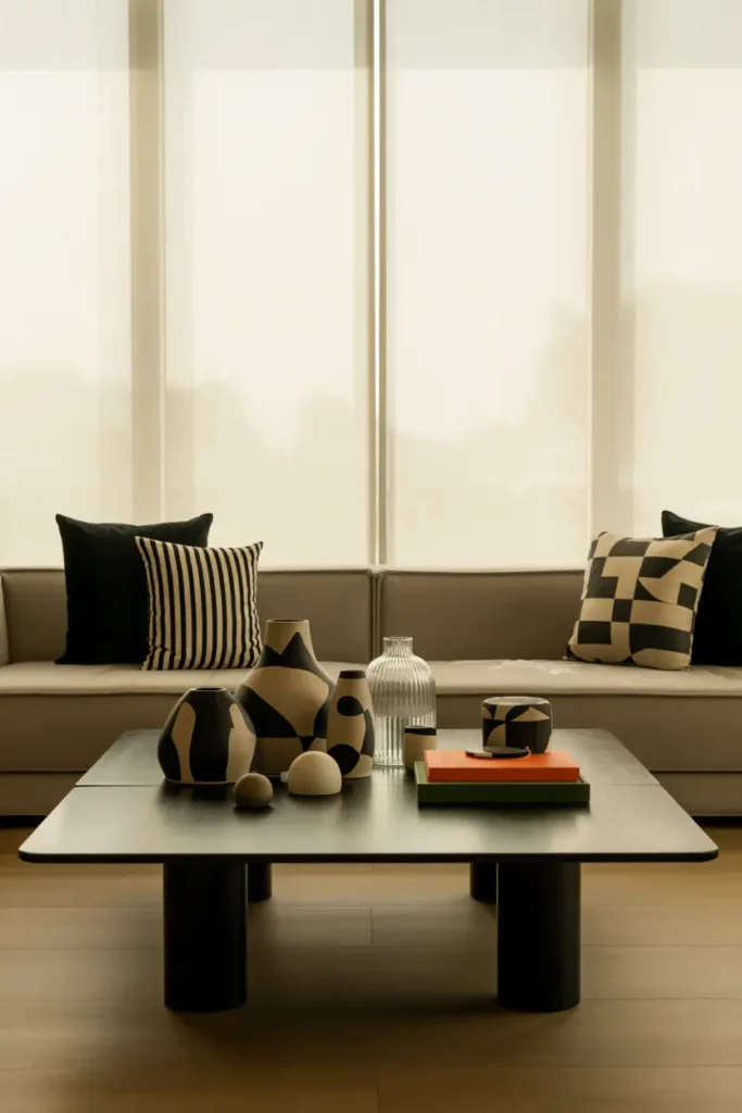 Imagine a minimalist living room with bold geometric patterns. A coffee table sits at the center, decorated with a mix of black-and-white ceramics, a glass vase, and a few vibrant colored books. The room is lit by soft diffused light pouring in from a large window, highlighting the clean lines and smooth surfaces of the design. The sofa is neutral-toned, with throw pillows in geometric patterns. The flooring is warm wood, and the decor features sleek, modern lines. The atmosphere is elegant and calming.