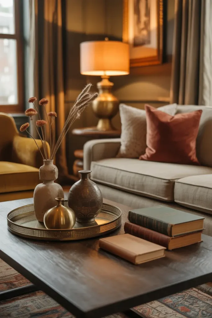  In a charming living room, the coffee table features vintage items like an antique brass tray, a set of old leather-bound books, and a retro vase. The room’s lighting is warm, with golden light coming from a vintage-style lamp in the corner. The color palette leans toward deep earth tones with touches of gold and brass. The sofa is upholstered in soft linen, and the decor features rich textures like velvet cushions and wooden furniture. The overall vibe is inviting and cozy, with a nostalgic feel.