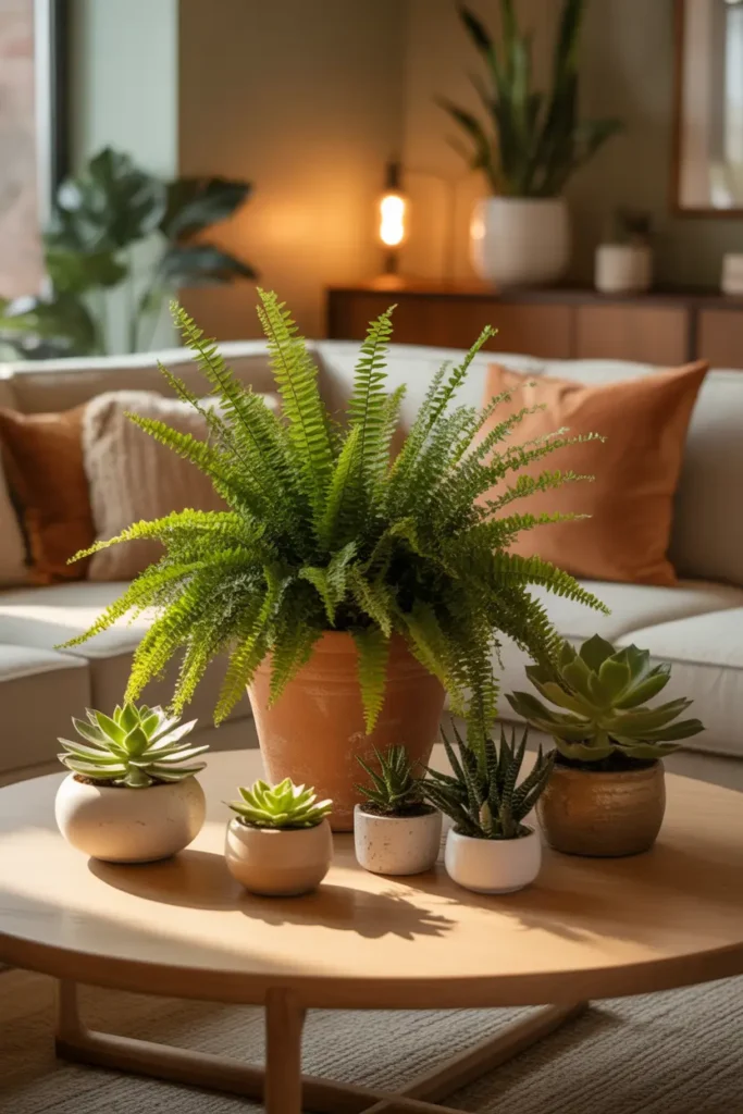  In a warm, cozy living room, the coffee table is graced with an array of lush green plants. A large fern sits in a terracotta pot, surrounded by smaller succulents in white, ceramic containers. The lighting is soft and ambient, casting a golden-hour glow over the greenery. The color palette of the room is earthy with warm wooden furniture, a beige sofa, and textured cushions. The atmosphere feels relaxed and inviting, perfect for a peaceful evening.