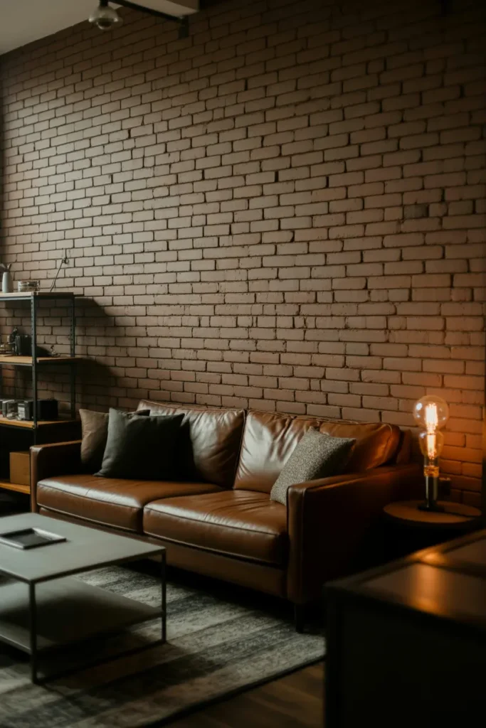 Industrial-style living room with exposed brick wall, warm ambient lighting with soft shadows, dark neutral palette of brown, black, and grey, leather sofa, metal coffee table, wooden shelves, Edison bulb lighting, textured rug, urban loft atmosphere, slightly moody tone, eye-level wide shot highlighting wall texture and layered industrial elements.