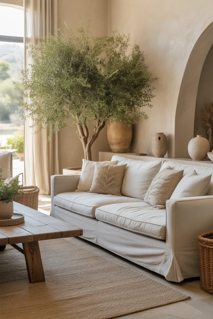An airy Mediterranean-organic living room with natural daylight, warm ivory and olive palette, linen sofa, rustic wood table, large indoor olive tree, woven rug, ceramic pots, soft drapery, textured cushions, and stone accents. Wide-angle eye-level interior photo with layered decor, realistic foliage detail, soft shadows, and a serene, fresh, upscale atmosphere.