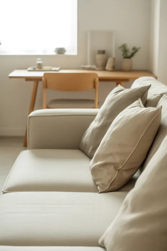  Minimalist Japandi-style living room with clean lines, soft natural daylight, neutral palette of white, beige, and light wood tones, low-profile sofa, simple wooden desk integrated into space, linen textures, uncluttered layout, small indoor plants, soft shadows, calm and airy mood, eye-level wide shot showing open space and balanced minimal styling.